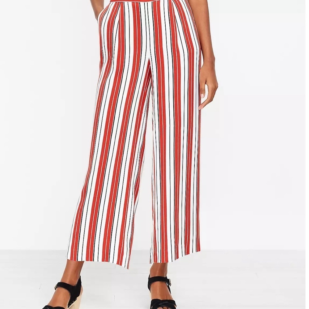 LOFT Red and White Wide Leg Pants with Vertical Stripes